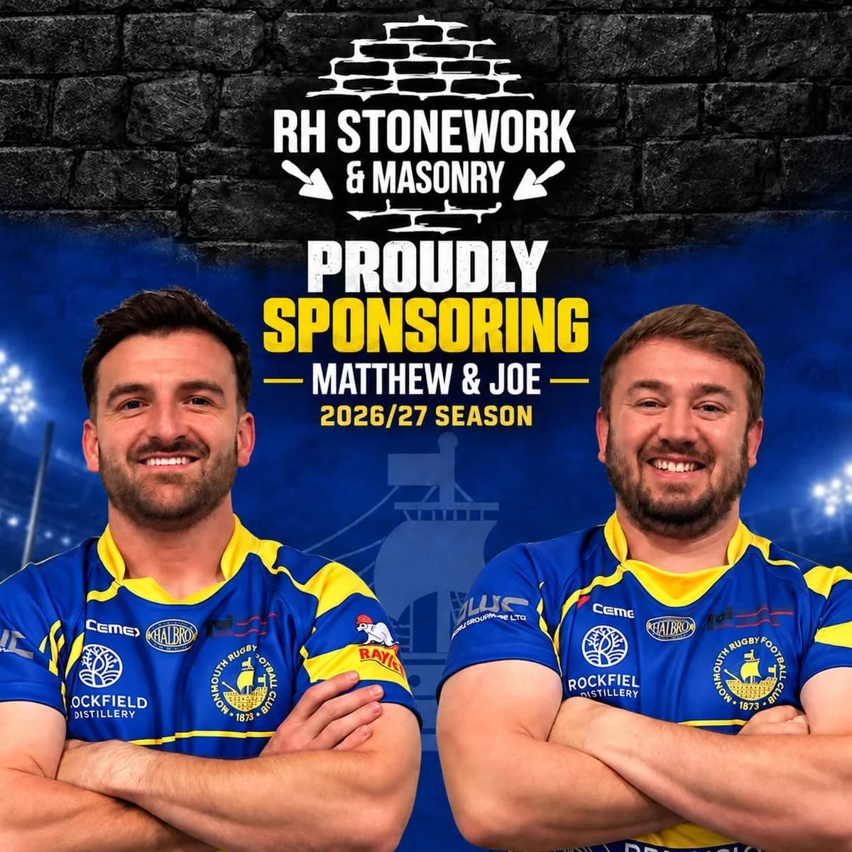 Matthew Tabb and Joe Christopher of Monmouth RFC, sponsored by RH Stonework & Masonry for the 2026/27 season