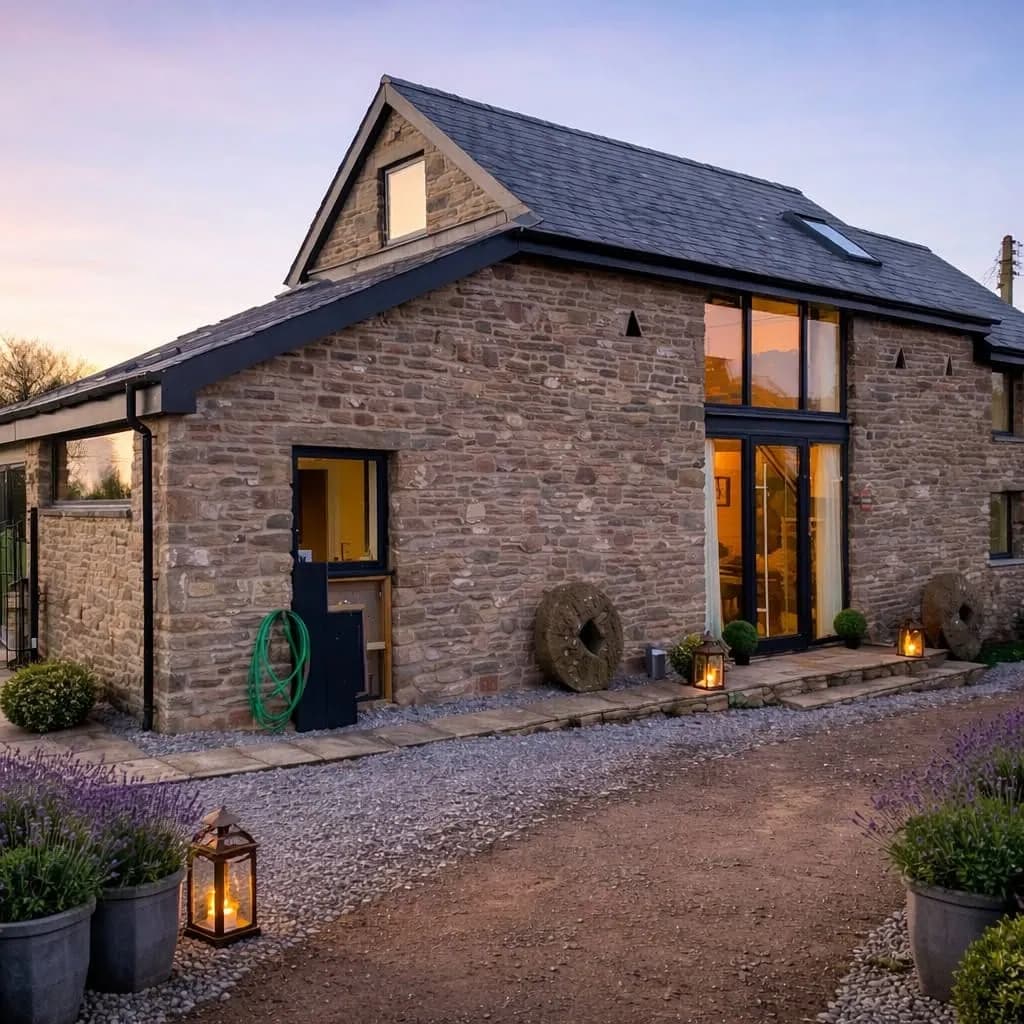 The finished barn conversion at dusk, Monmouthshire